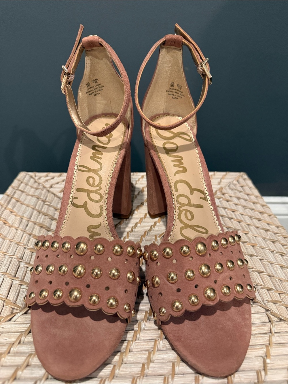Sam Edelman Tan Suede Block Heel Sandals with Gold Studs